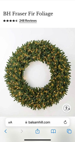 60” Balsam Hill Fraser Fir Wreath with clear lights